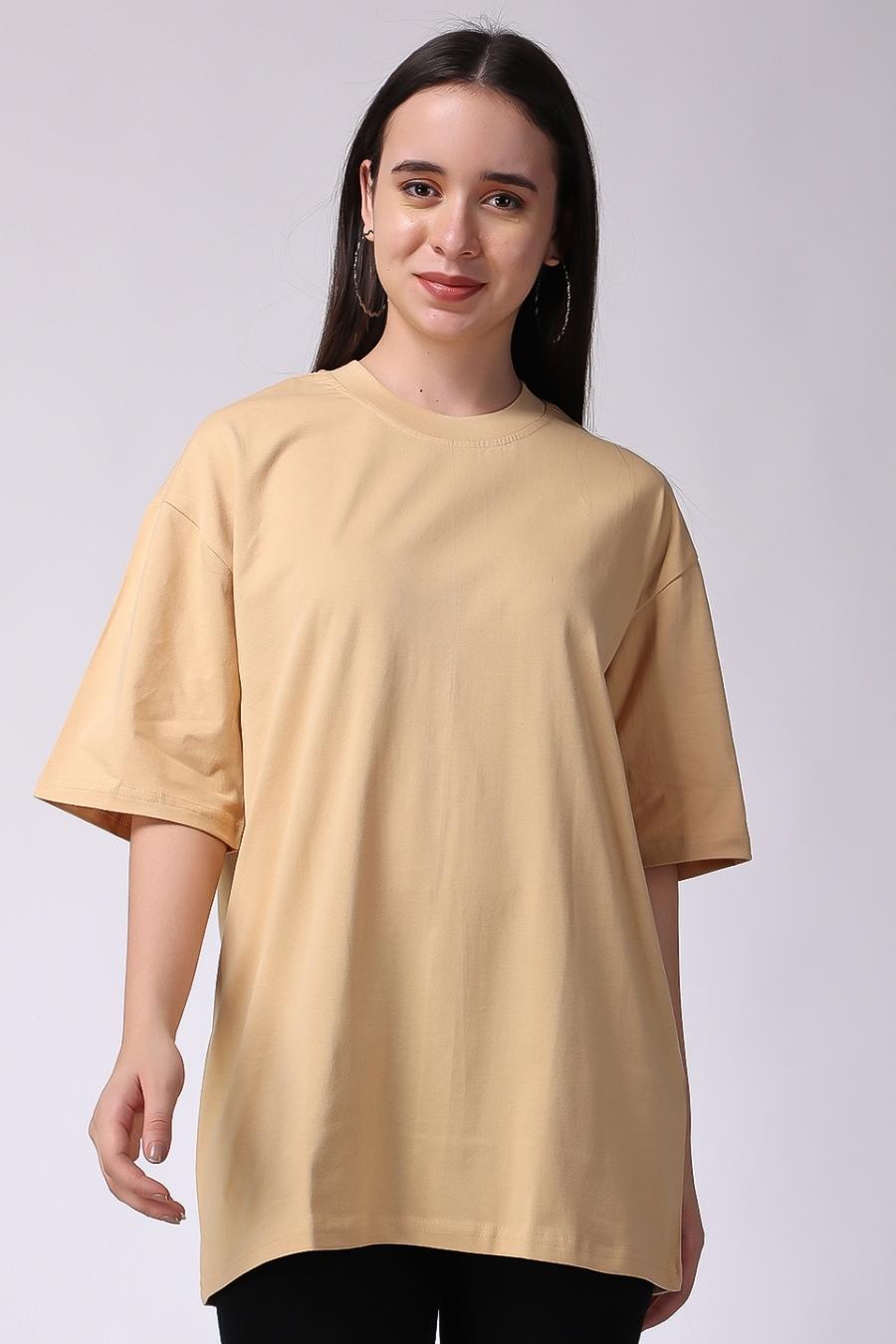Tシャツ・カットソー PLAIN Oversized Gold Shirt in Laminated Fabric Woman Women's Beige Plain Oversized Drop Shoulder T-Shirt