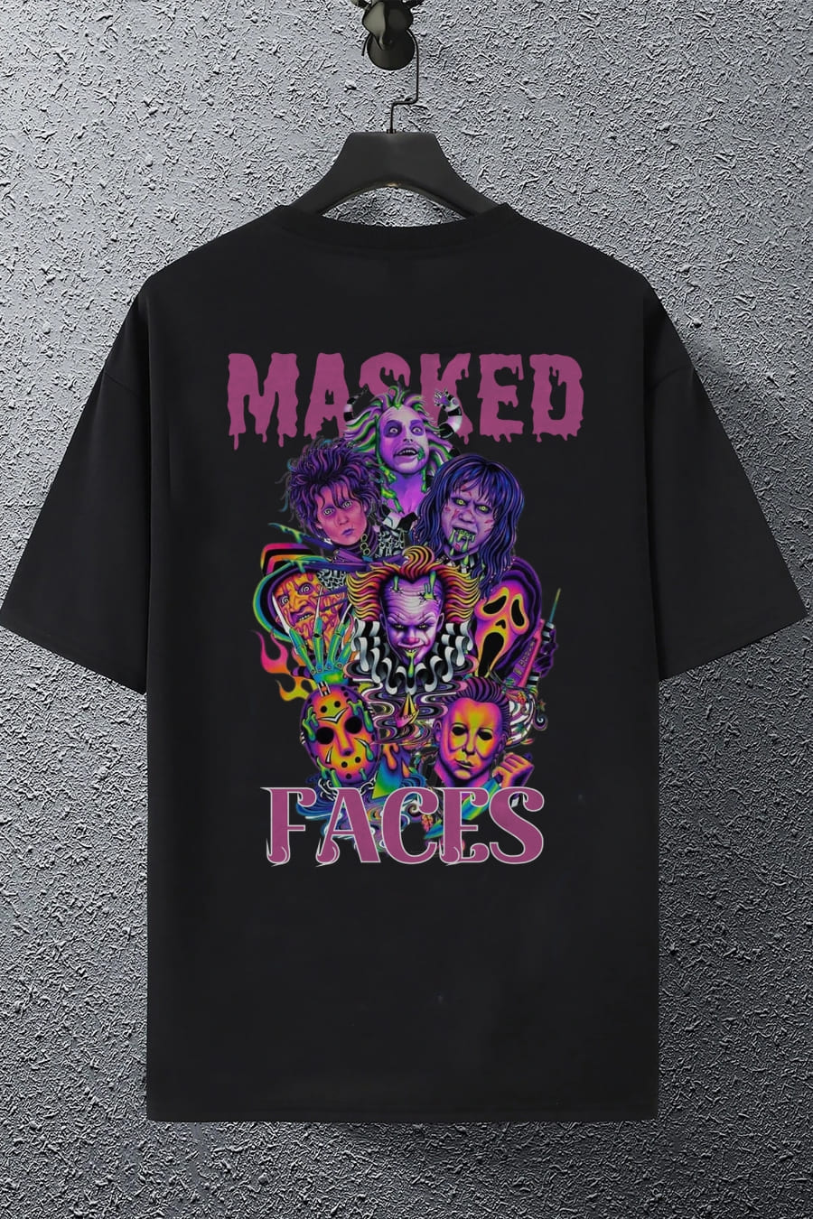Men's Oversized Masked Faced Printed Black T-Shirt