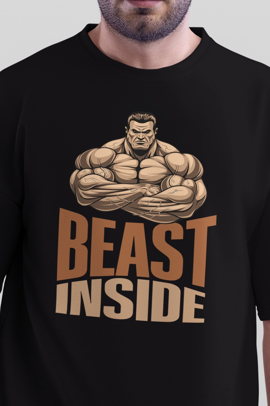 Beast Inside Printed Oversized Black Gym Tshirt