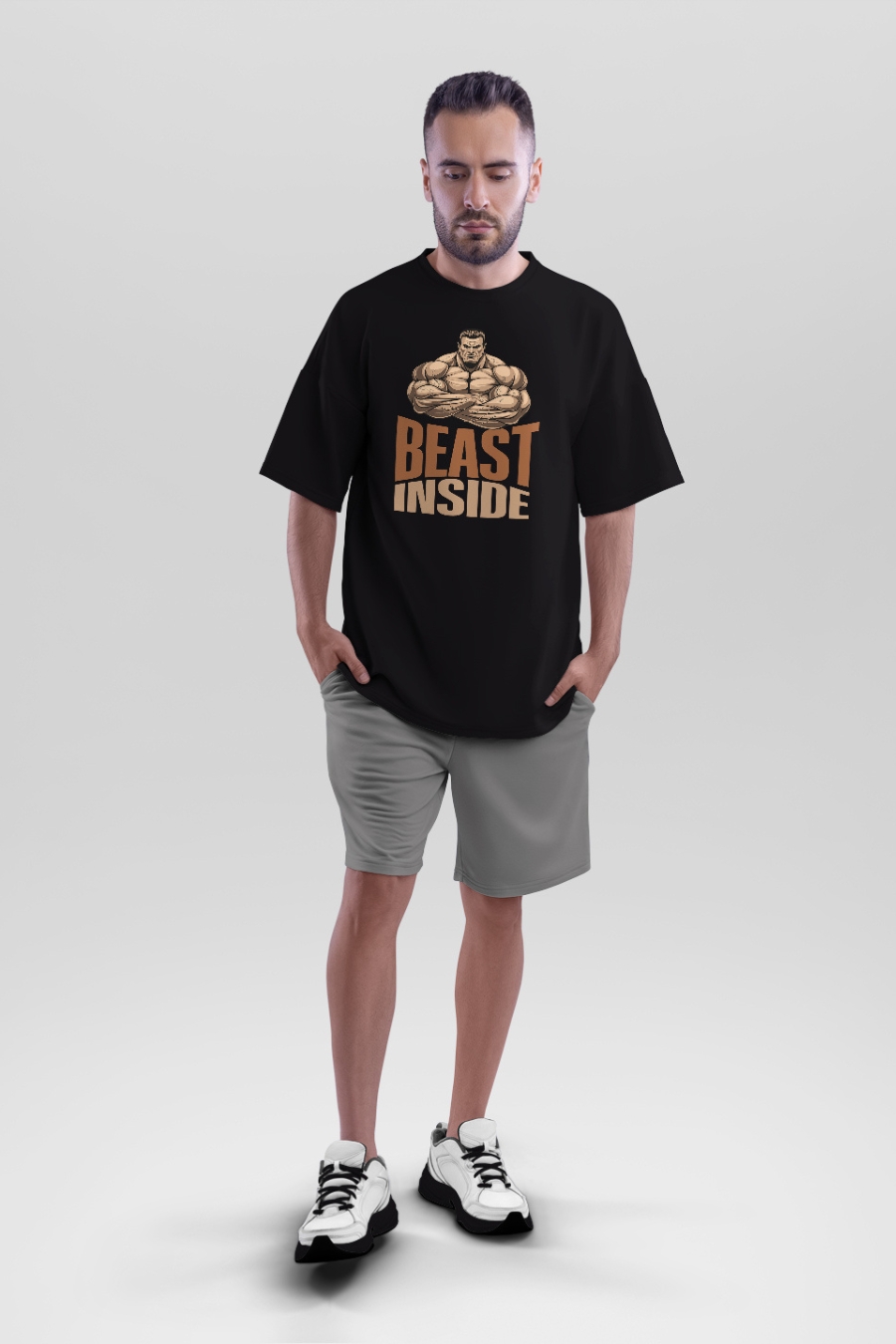 Beast Inside Printed Oversized Black Gym Tshirt